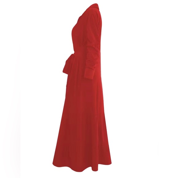 Solid Button Front Belted Dress, Elegant Ruched Sleeve Ruffle Trim Maxi Dress - Picture 3 of 3